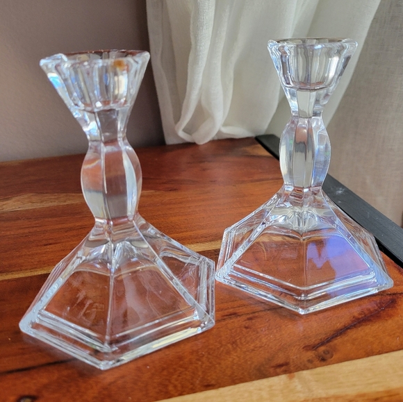24% Full Lead Crystal Candlesticks Set of 2 USA Made Candle Holders Vintage 4" H - Picture 1 of 9